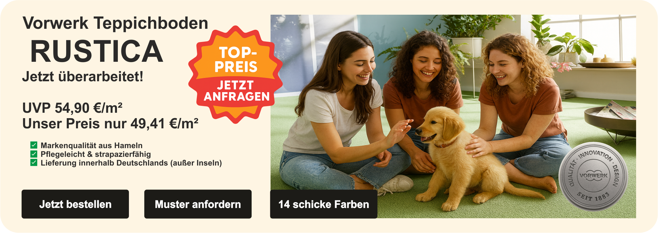 „Kategoriebild Vorwerk Rustica Teppichboden ab 5 m² – 600×400 px, Querformat“